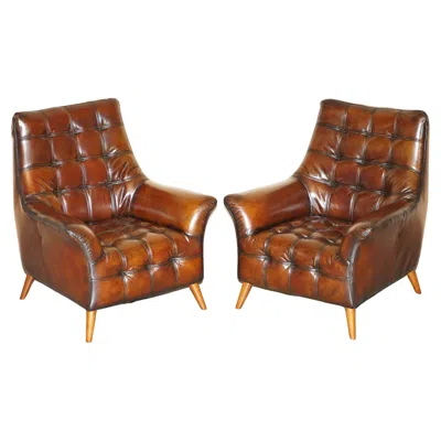 Pre-owned Chesterfield Pair Of Fully Restored Hand Dyed  Whisky Brown Leather Armchairs
