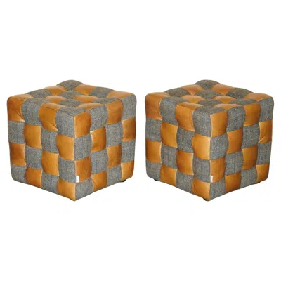 Pre-owned Chesterfield Pair Of Harris Tweed Brown Leather Footstools Or Side Tables Part Of Large Suite