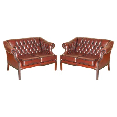 Pre-owned Chesterfield Pair Of Harrods London Restored Bordeaux Brown Leather  Tufted Sofas