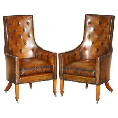 Pre-owned Chesterfield Pair Of High Backed Antique Regency 1810  Brown Leather Armchairs