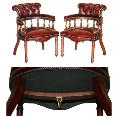 Pre-owned Chesterfield Pair Of Oxblood Leather  Ships Captains Chairs With Floor Lock Rings In Red