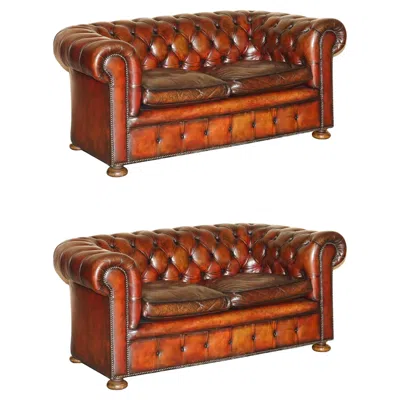 Pre-owned Chesterfield Pair Of Restored Antique Gentleman's Tufted  Brown Leather Sofas