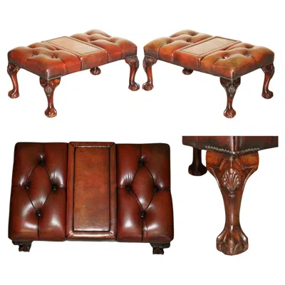 Pre-owned Chesterfield Pair Of Restored Claw & Ball Vintage Hand Dyed Leather  Footstools In Brown