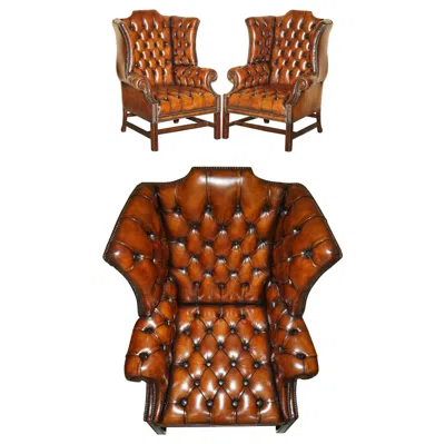 Pre-owned Chesterfield Pair Of Restored Georgian H Framed  All Tufted Wingback Armchairs In Brown