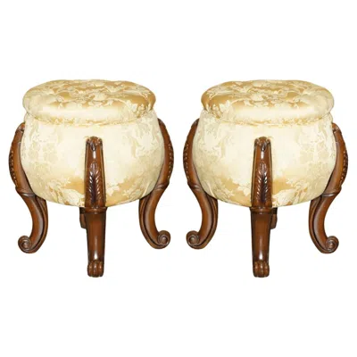 Pre-owned Chesterfield Pair Of Vintage  Tufted Floral Upholstered Carved Frame Stools In Brown