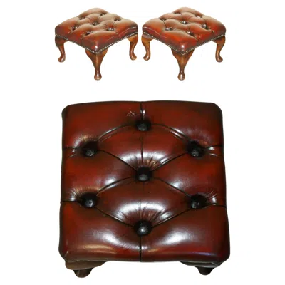 Pre-owned Chesterfield Pair Of Vintage  Tufted Wingback Armchair Oxblood Leather Footstools In Red