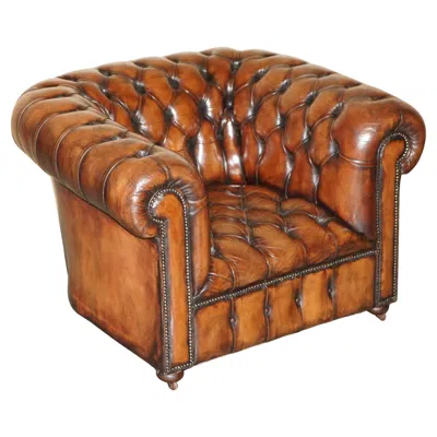 Pre-owned Chesterfield Restored Antique  Club Armchair Brown Leather Porcelain Castors