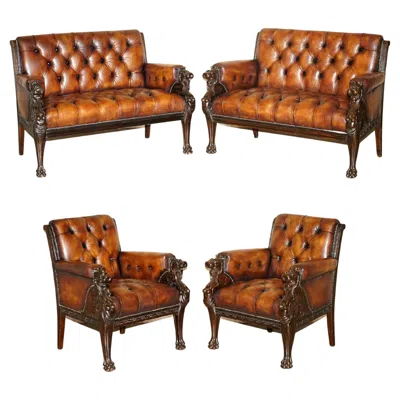 Pre-owned Chesterfield Restored Antique Lion Hand Carved Brown Leather  Sofa Armchair Suite