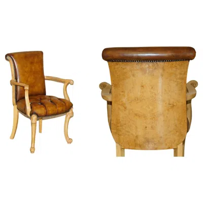 Pre-owned Chesterfield Restored Art Deco 1920's Burr Walnut Brown Leather  Office Armchair
