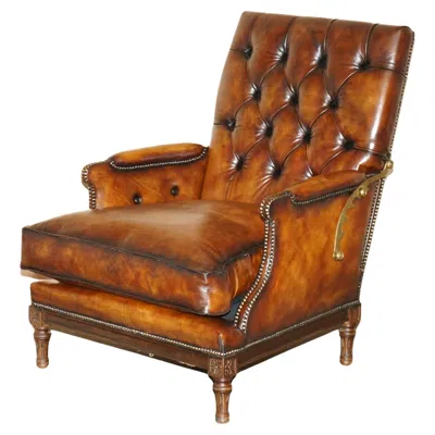Pre-owned Chesterfield Restored  Tufted Hand Dyed Brown Leather Library Recliner Armchair