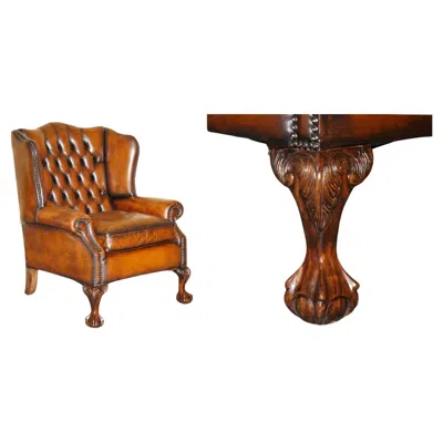 Pre-owned Chesterfield Restored Claw & Ball Feet  Tufted Brown Leather Wingback Armchair