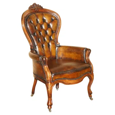 Pre-owned Chesterfield Restored Hand Dyed Brown Leather Victorian  Reading Library Armchair