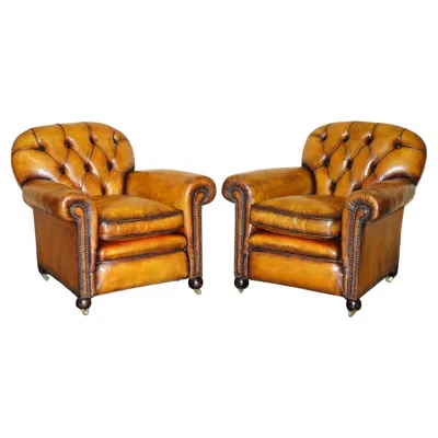 Pre-owned Chesterfield Restored Pair Of Antique  Victorian Brown Leather Club Armchairs