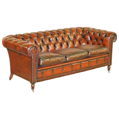Pre-owned Chesterfield Restored Vintage Oxblood Bordeaux Leather  Club Sofa On Turned Legs In Red
