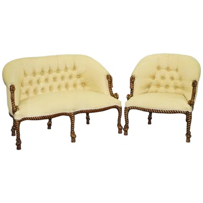 Pre-owned Chesterfield Rope Twist Napoleon Iii Style Suite Seating Armchair & Settee  Sofa In Brown