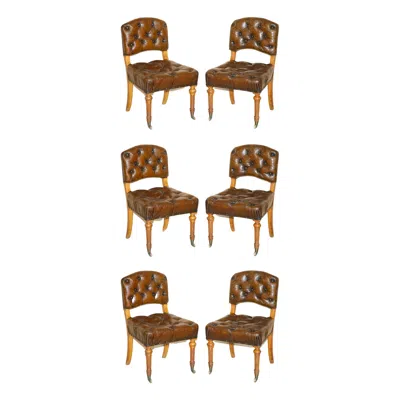 Pre-owned Chesterfield Six Important Antique Regency Leather Pollard Oak  Dining Chairs In Brown