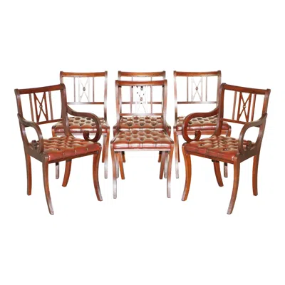 Pre-owned Chesterfield Six Vintage Restored Hand Dyed Brown Leather  Tufted Dining Chairs