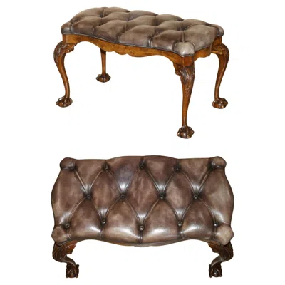 Pre-owned Chesterfield Stunning Antique English Burr Walnut Brown Leather Claw & Ball Window Seat Bench