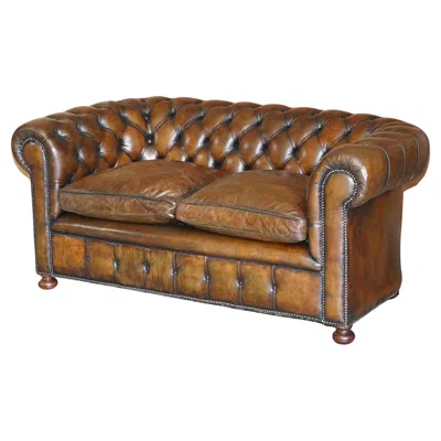 Pre-owned Chesterfield Stunning Antique Fully Restored Cigar Brown Leather  Sofa Walnut