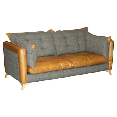 Pre-owned Chesterfield Stunning Harris Tweed Made In England Brown Leather Sofa Part Of Large Suite