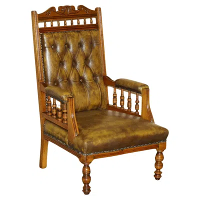 Pre-owned Chesterfield Stunning Vintage  Tufted Petrol Brown Leather Library Armchair