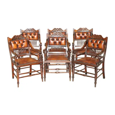Pre-owned Chesterfield Suite Of Six Fully Restored Brown Leather Antique  Dining Armchairs