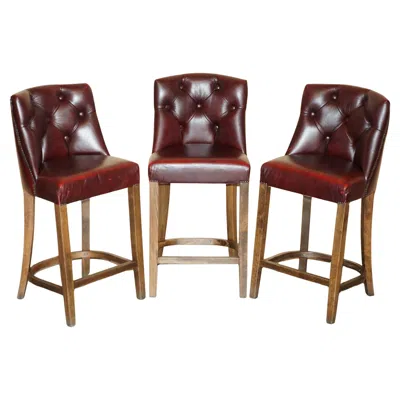 Pre-owned Chesterfield Three Vintage Oxblood Leather  Tufted Kitchen Diner Bar Stools In Red