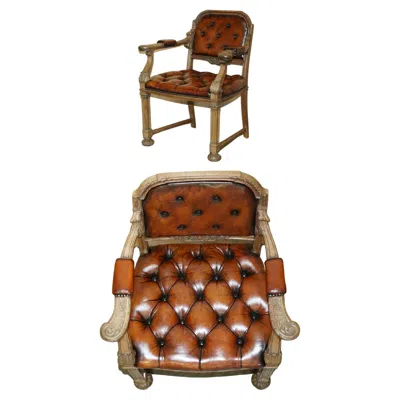 Pre-owned Chesterfield Very Fine Restored Antique  William Iv Oak Brown Leather Desk Chair