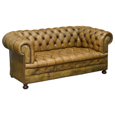 Pre-owned Chesterfield Victorian Horse Hair Green Hand Dyed Leather  Fully Button Base Sofa
