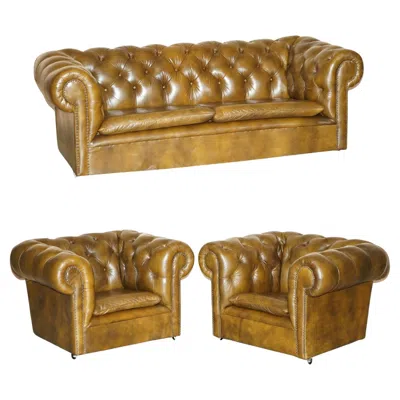 Pre-owned Chesterfield Vintage  Club 3 Piece Sofa & Pair Of Armchairs Suite Green Leather