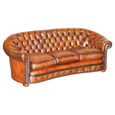 Pre-owned Chesterfield Vintage Hand Dyed Fully Restored Whisky Brown Leather Curved  Sofa