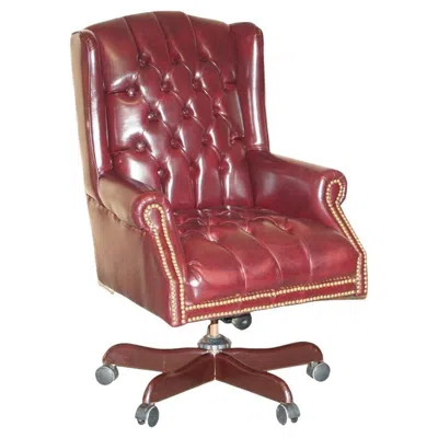 Pre-owned Chesterfield Vintage Oxblood Leather Antique Stud  Wingback Swivel Office Chair In Red