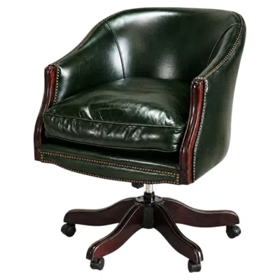 Pre-owned Chesterfield Vintage Racing Green Leather Swivel Desk Chair Mahogany-toned Base And Nail Trim