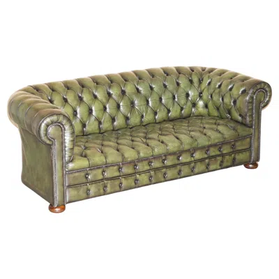 Pre-owned Chesterfield Vintage Restored Regency Green Leather Circa 1950's  Tufted Sofa