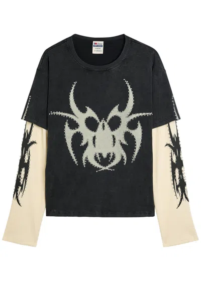 Chew Forever Roach Studded Printed Long Sleeve Cotton T-shirt In Black