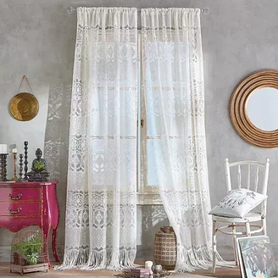 Chf Boho Lace Rod Pocket Light-filtering Single Curtain Panel In White
