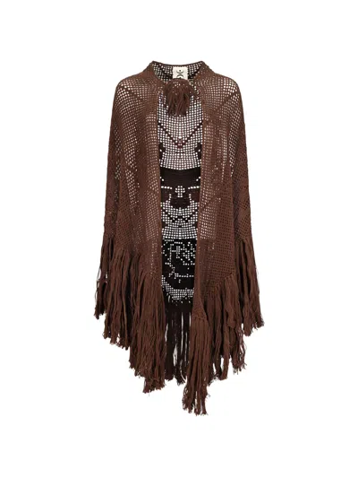 Chiara Biasi Peony Fringed Cape In Brown