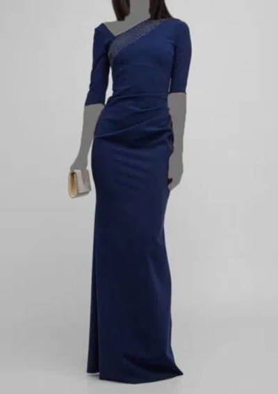 Pre-owned Chiara Boni $1090  Women Blue Malguen Ruched Rhinestone Column Gown Dress Size 38