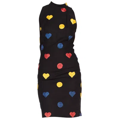 Pre-owned Chiara Boni 1990's  Black Linen Sleevless Dress With Raffia Hearts & Dots