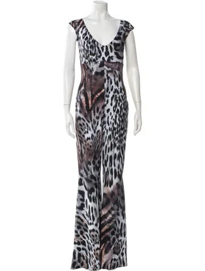 Pre-owned Chiara Boni Animal Print V-neck Jumpsuit In Gray