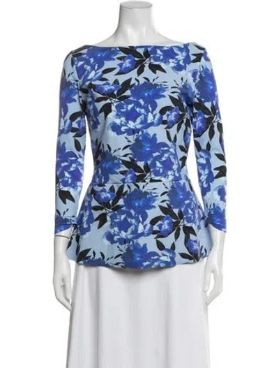 Pre-owned Chiara Boni Floral Print Bateau Neckline Top In Blue