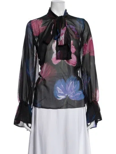 Pre-owned Chiara Boni Floral Print Tie Neck Blouse W/ Tags In Blue