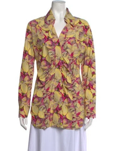 Pre-owned Chiara Boni Floral Print V-neck Blouse W/ Tags In Yellow