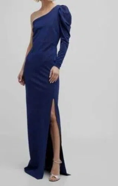 Pre-owned Chiara Boni La Petite Robe $1090 Chiara Boni Womens Blue Soline One-shoulder Puff Sleeve Gown Dress Size 46