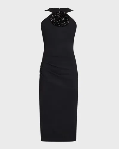 Chiara Boni La Petite Robe Bodycon Flower-embellished Halter Midi Dress In Black