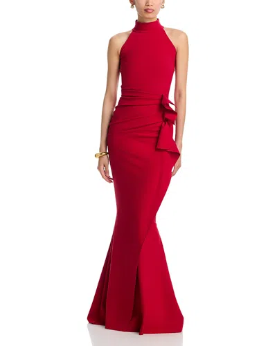 Chiara Boni La Petite Robe Side Ruched Halter Gown With Asymmetric Ruffle In Red