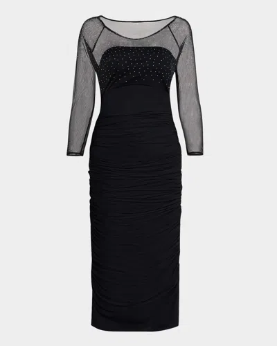 Chiara Boni La Petite Robe Gyun Ruched Rhinestone Illusion Midi Dress In Black