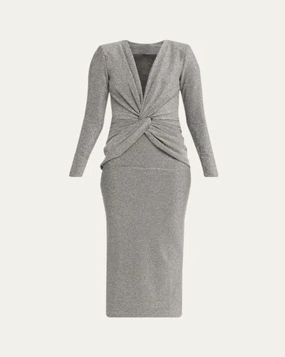 Chiara Boni La Petite Robe Jarra Twist-front Shimmer Bodycon Midi Dress In Silver