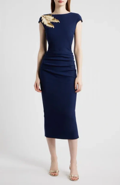 Chiara Boni La Petite Robe Metallic Feather Detail Cocktail Sheath Dress In Blue