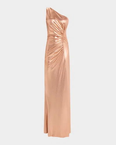 Chiara Boni La Petite Robe One-shoulder Ruched Metallic Gown In Bellini